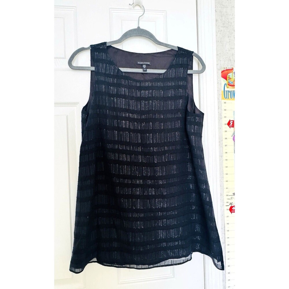 Eileen Fisher Silk Black XS Top Blouse Sleeveless Metallic